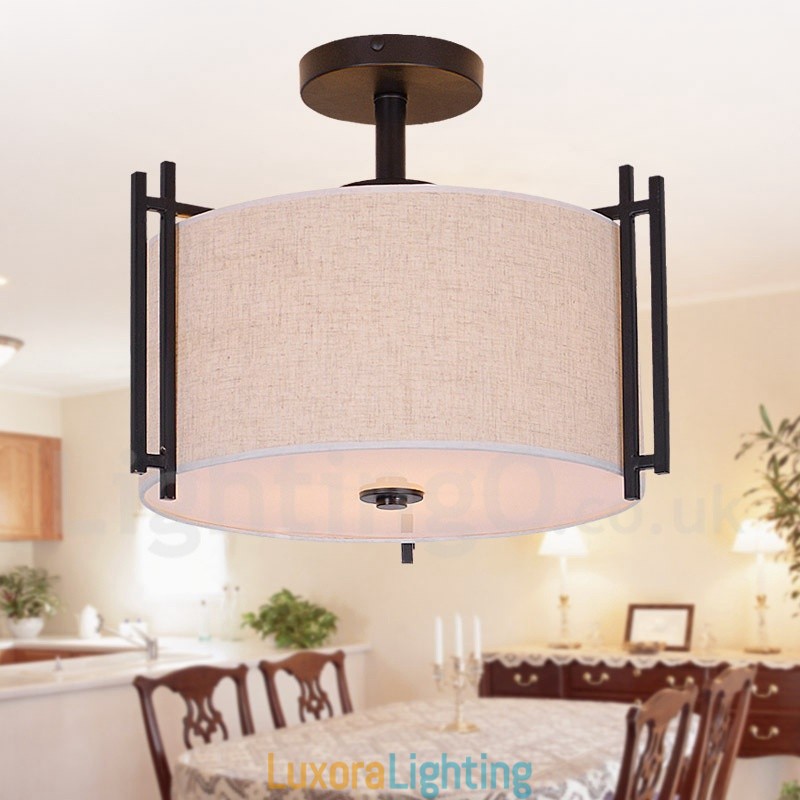 Designer Touch Decorative Rustic Lodge Metal Drum Pendant Light with Fabric Shade