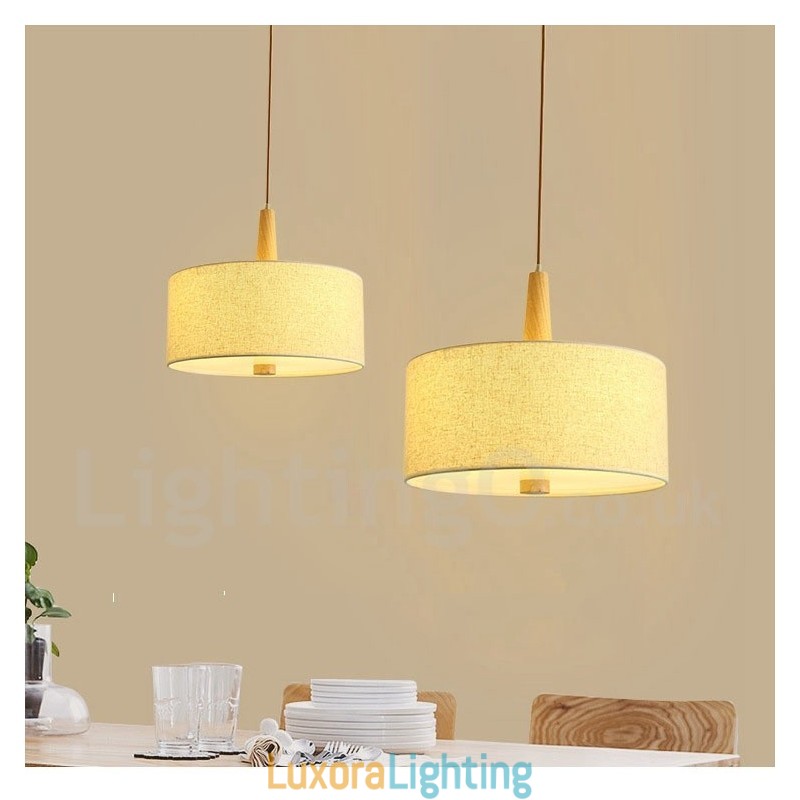 Designer Touch Decorative Wooden Modern Contemporary Drum Pendant Light with Fabric Shade