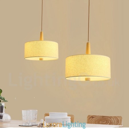 Designer Touch Decorative Wooden Modern Contemporary Drum Pendant Light with Fabric Shade