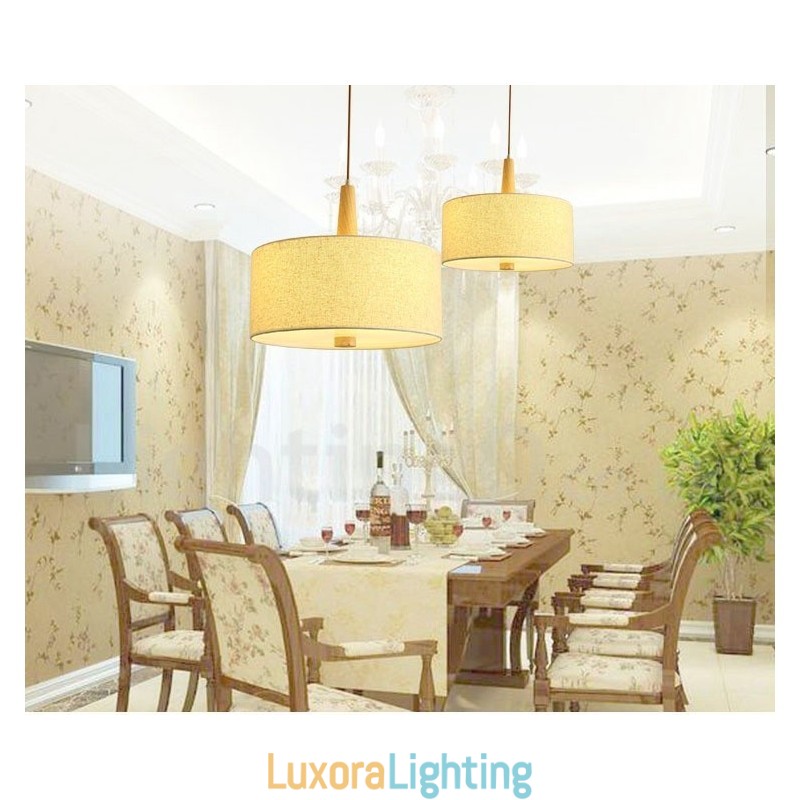 Designer Touch Decorative Wooden Modern Contemporary Drum Pendant Light with Fabric Shade