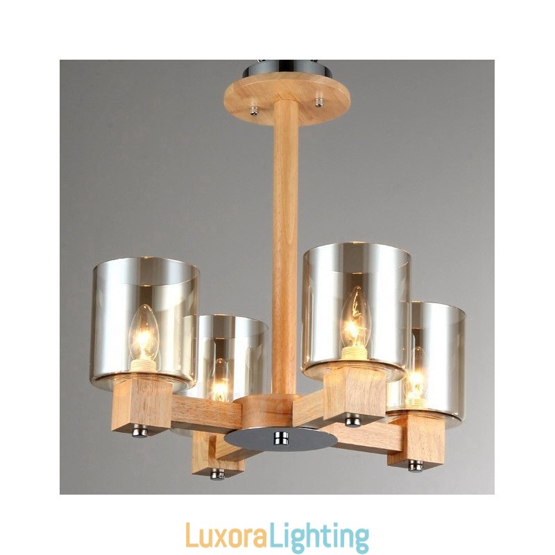 Designer Touch Decorative 4 Light Wood Modern Contemporary Nordic style Chandelier with Glass Shade