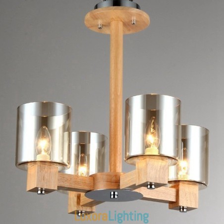 Designer Touch Decorative 4 Light Wood Modern Contemporary Nordic style Chandelier with Glass Shade