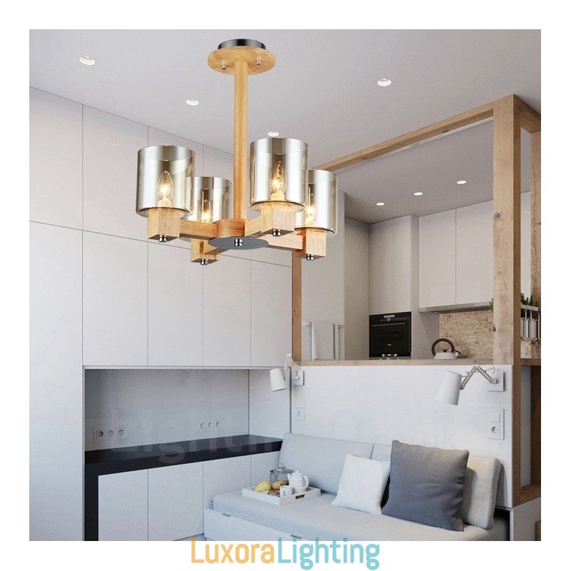 Designer Touch Decorative 4 Light Wood Modern Contemporary Nordic style Chandelier with Glass Shade