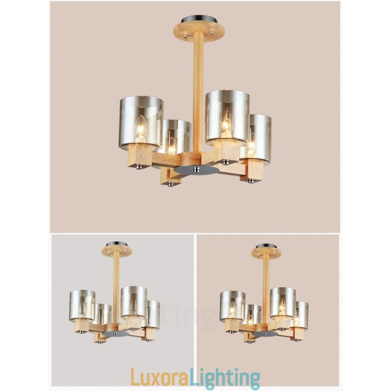 Designer Touch Decorative 4 Light Wood Modern Contemporary Nordic style Chandelier with Glass Shade