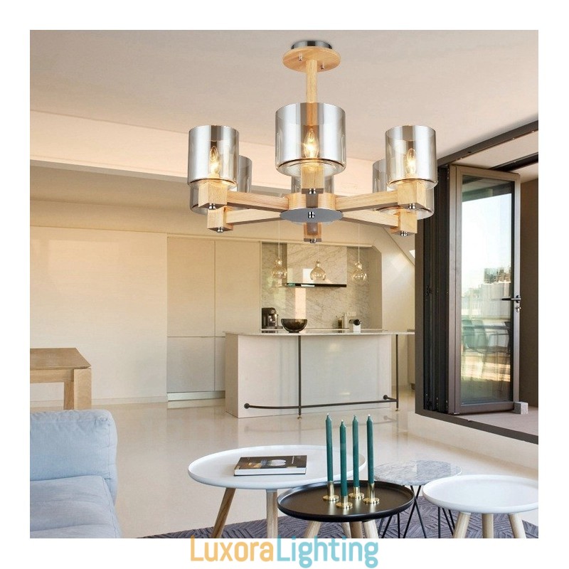 Designer Touch Decorative 6 Light Wood Modern Contemporary Nordic style Chandelier with Glass Shade