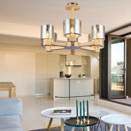 Designer Touch Decorative 6 Light Wood Modern Contemporary Nordic style Chandelier with Glass Shade