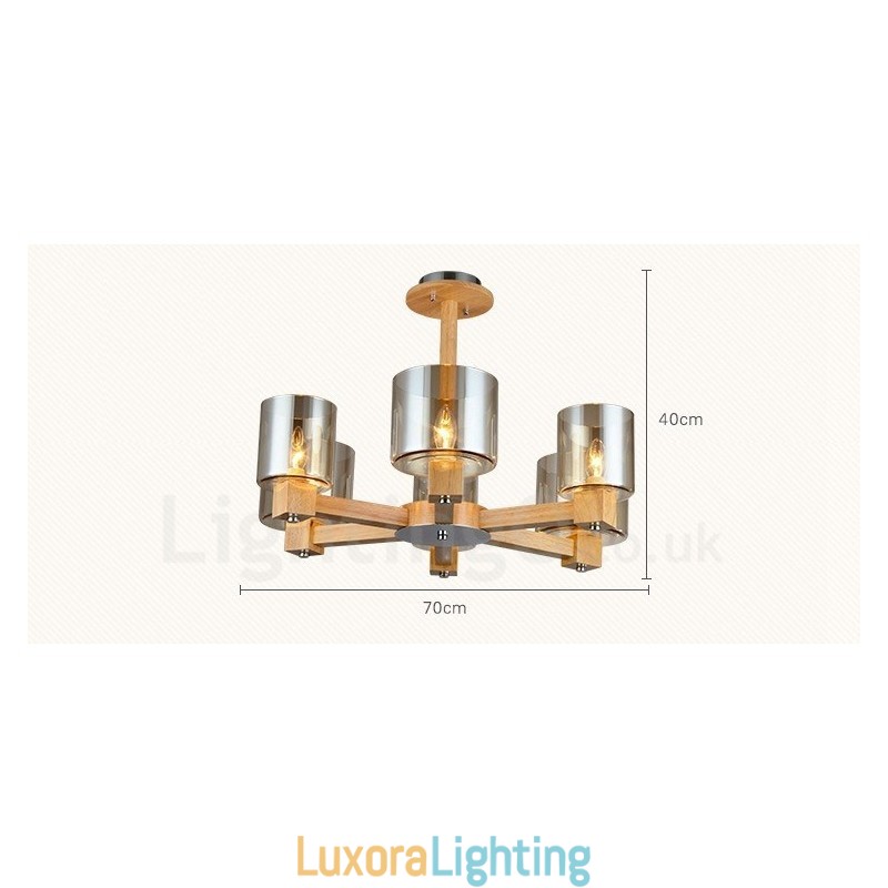 Designer Touch Decorative 6 Light Wood Modern Contemporary Nordic style Chandelier with Glass Shade