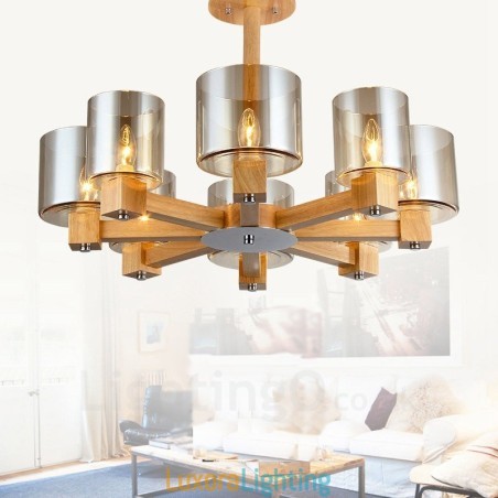 Designer Touch Decorative 8 Light Wood Modern Contemporary Nordic style Chandelier with Glass Shade