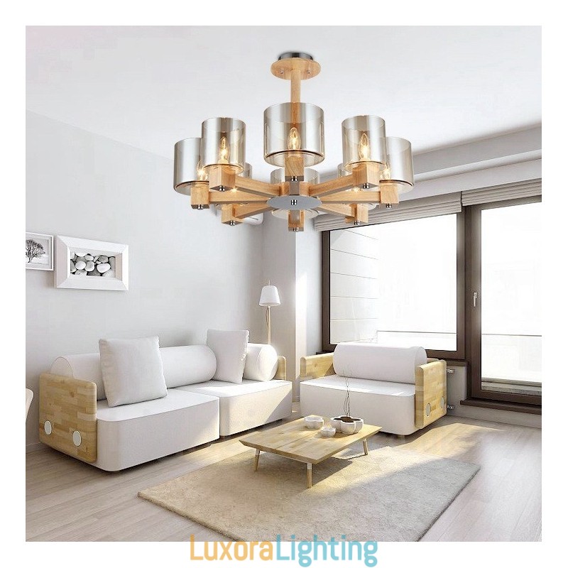 Designer Touch Decorative 8 Light Wood Modern Contemporary Nordic style Chandelier with Glass Shade