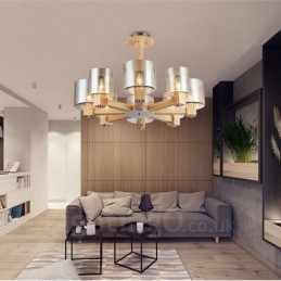 Designer Touch Decorative 8 Light Wood Modern Contemporary Nordic style Chandelier with Glass Shade