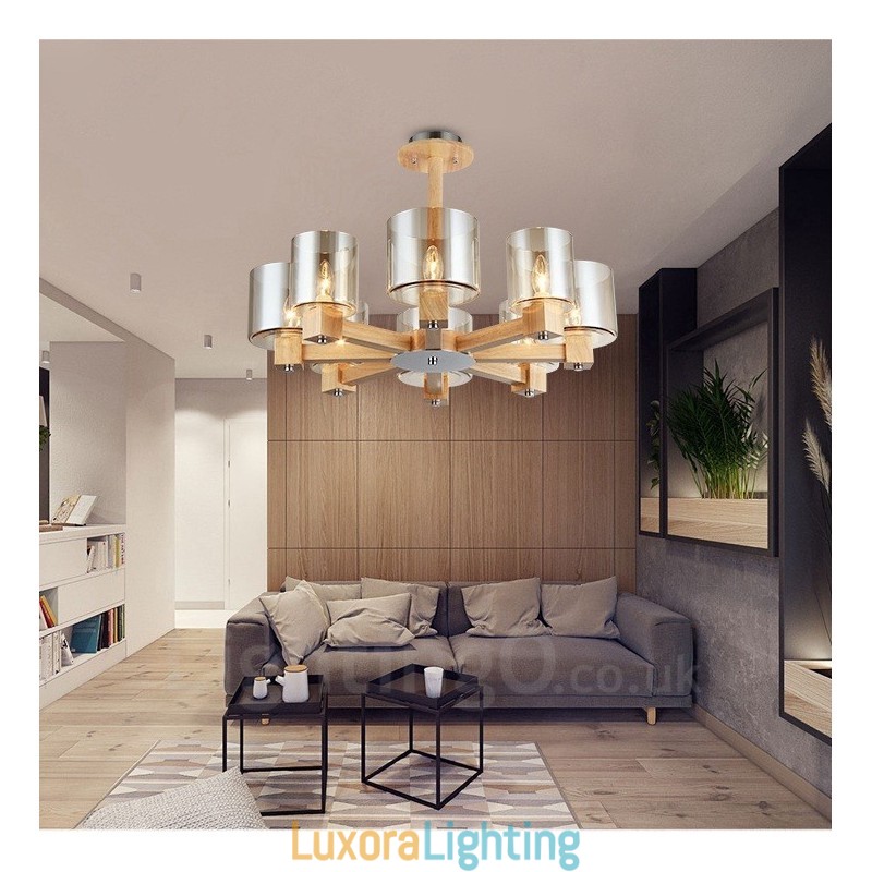 Designer Touch Decorative 8 Light Wood Modern Contemporary Nordic style Chandelier with Glass Shade