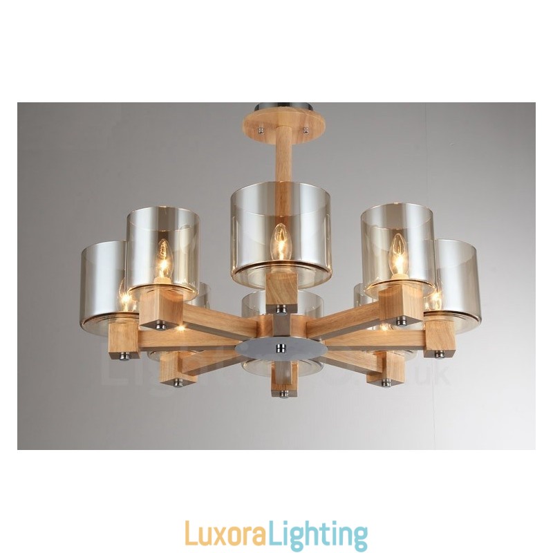 Designer Touch Decorative 8 Light Wood Modern Contemporary Nordic style Chandelier with Glass Shade