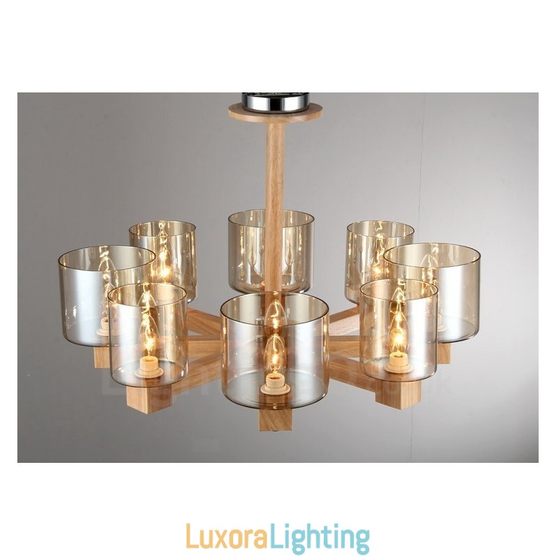 Designer Touch Decorative 8 Light Wood Modern Contemporary Nordic style Chandelier with Glass Shade