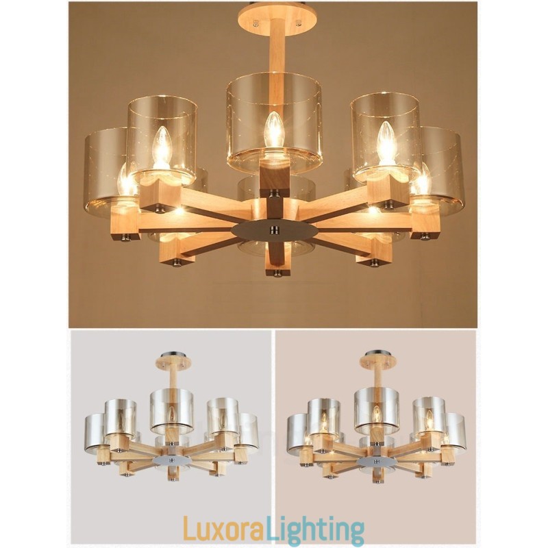 Designer Touch Decorative 8 Light Wood Modern Contemporary Nordic style Chandelier with Glass Shade
