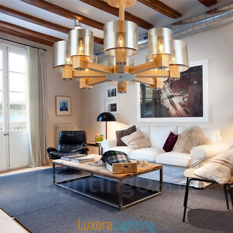 Designer Touch Decorative 8 Light Wood Modern Contemporary Nordic style Chandelier with Glass Shade