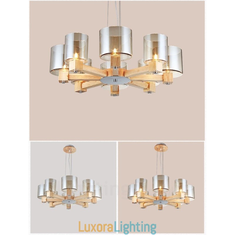 Designer Touch Decorative 8 Light Wood Modern Contemporary Nordic style Chandelier with Glass Shade