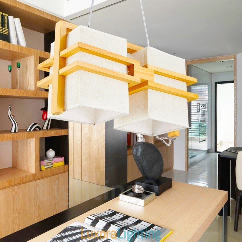 Designer Touch Decorative 2 Light Wood Retro Vintage Pendant Light with Fabric Shade