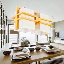 Designer Touch Decorative 2 Light Wood Retro Vintage Pendant Light with Fabric Shade