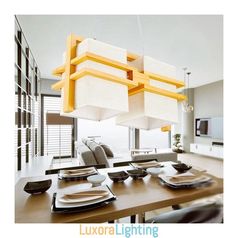 Designer Touch Decorative 2 Light Wood Retro Vintage Pendant Light with Fabric Shade