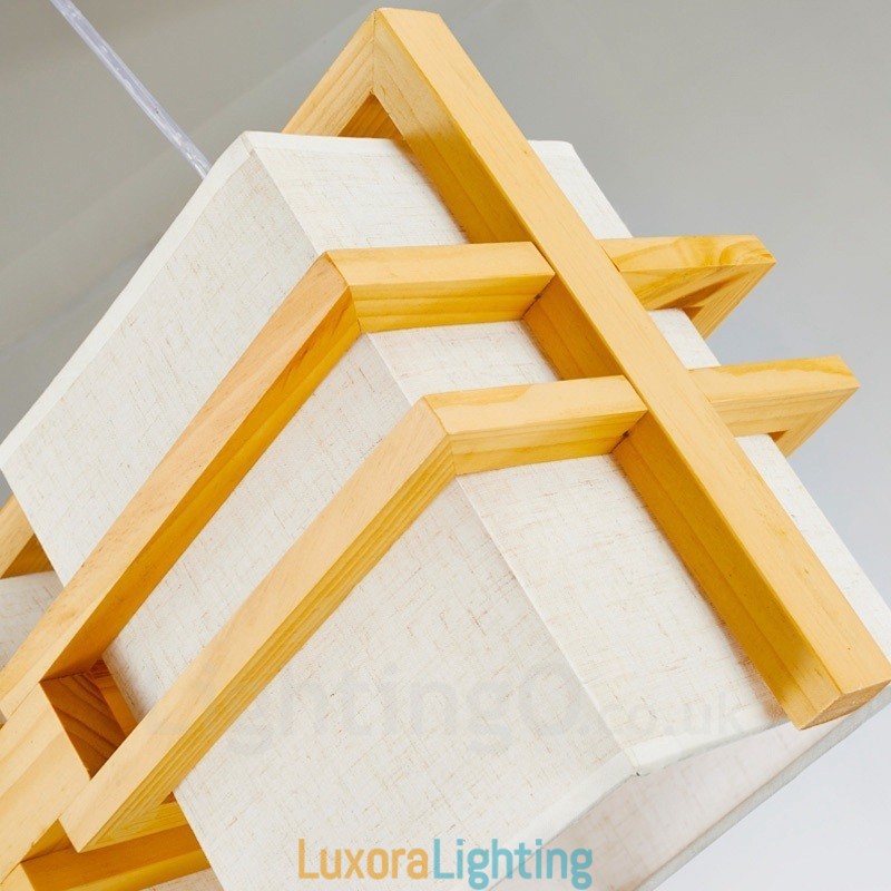 Designer Touch Decorative 2 Light Wood Retro Vintage Pendant Light with Fabric Shade