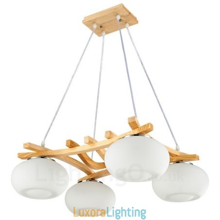 Designer Touch Decorative 4 Light Wood Rustic Lodge Pendant Light with Glass Shade