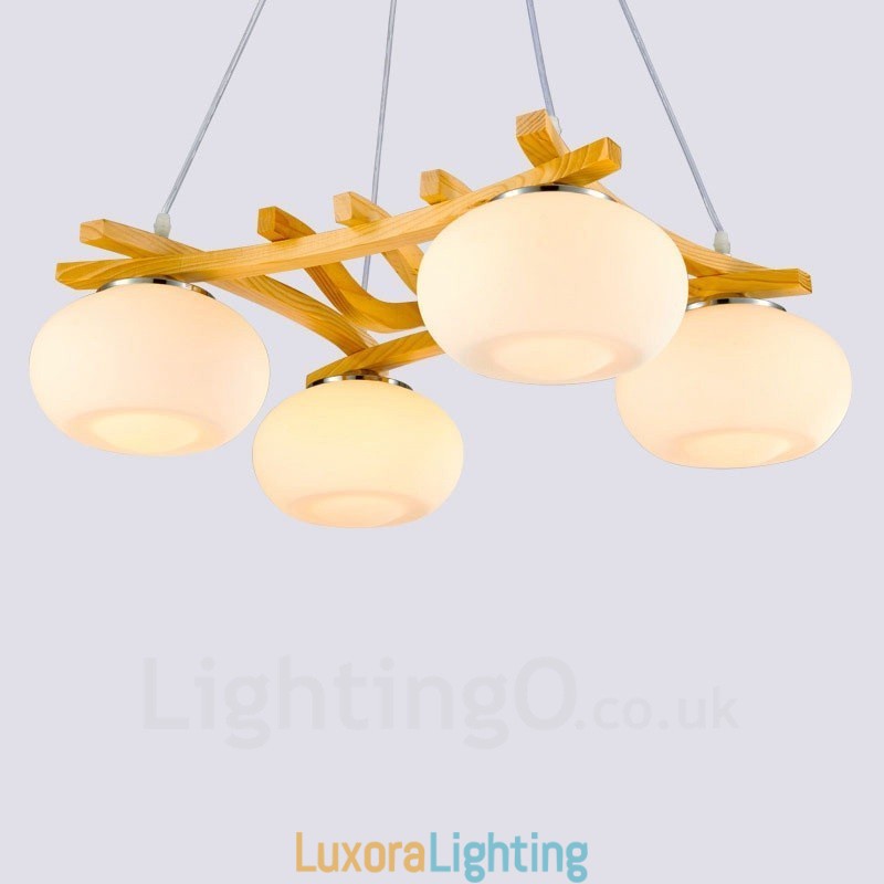 Designer Touch Decorative 4 Light Wood Rustic Lodge Pendant Light with Glass Shade