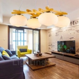 Designer Touch Decorative 4 Light Wood Rustic Lodge Pendant Light with Glass Shade