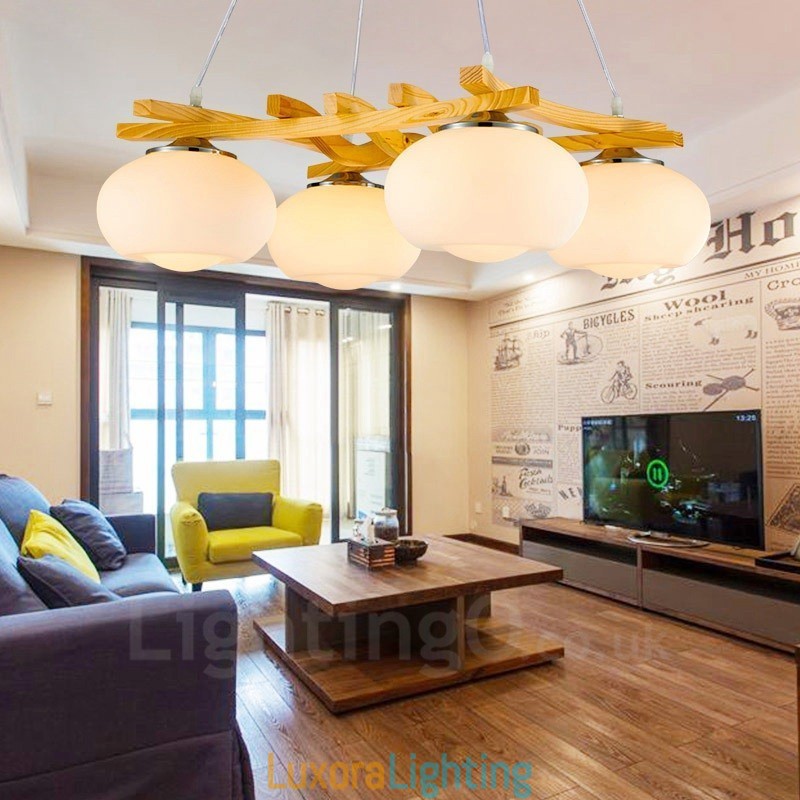 Designer Touch Decorative 4 Light Wood Rustic Lodge Pendant Light with Glass Shade