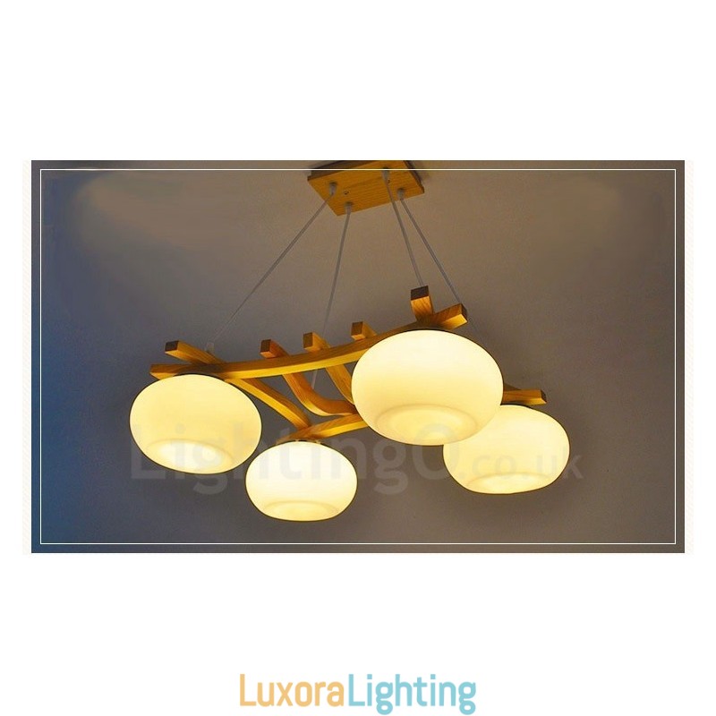 Designer Touch Decorative 4 Light Wood Rustic Lodge Pendant Light with Glass Shade