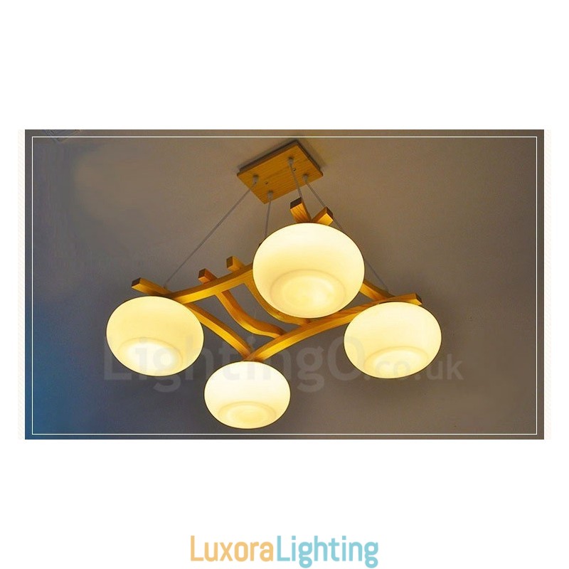 Designer Touch Decorative 4 Light Wood Rustic Lodge Pendant Light with Glass Shade