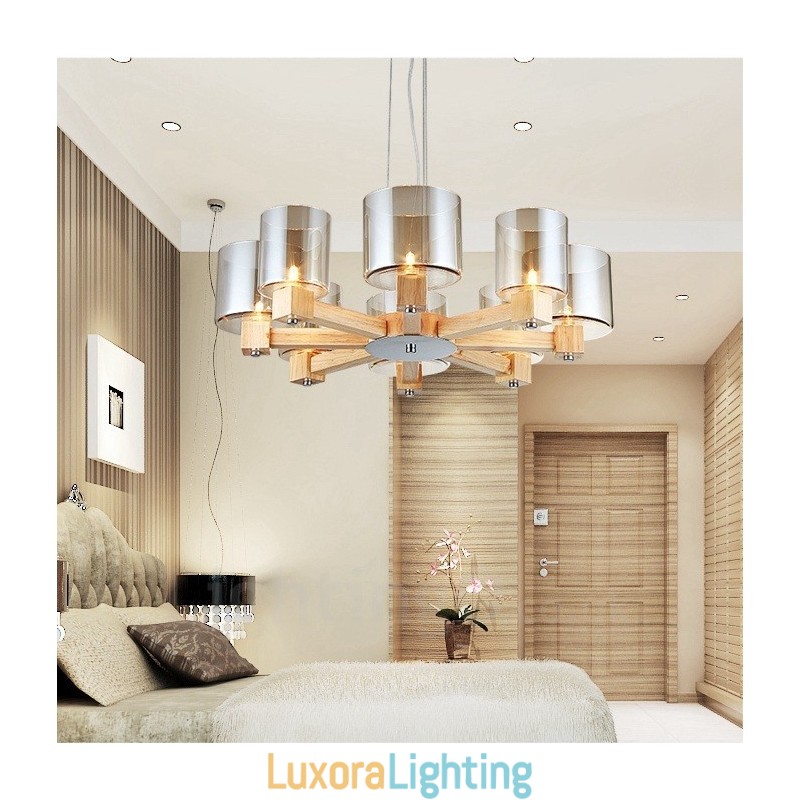 Designer Touch Decorative 8 Light Wood Modern Contemporary Nordic style Pendant Light with Glass Shade