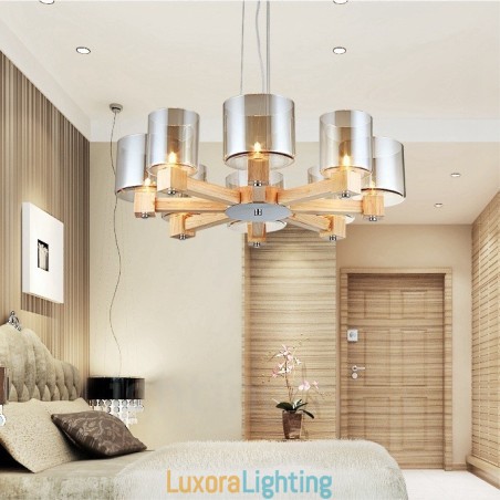 Designer Touch Decorative 8 Light Wood Modern Contemporary Nordic style Pendant Light with Glass Shade