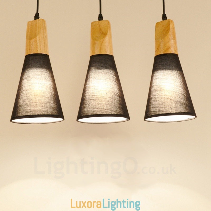 Designer Touch Decorative 3 Light Wood Modern Contemporary Pendant Light with Fabric Shade