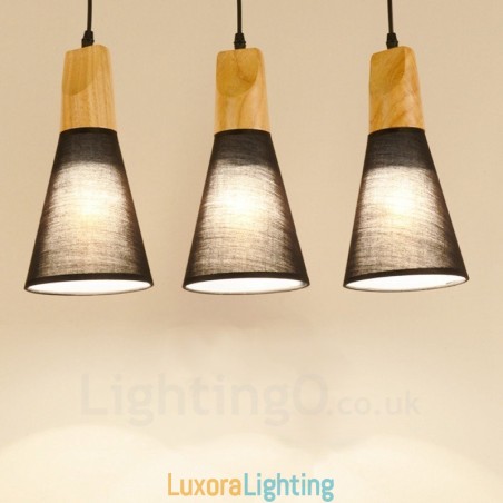 Designer Touch Decorative 3 Light Wood Modern Contemporary Pendant Light with Fabric Shade
