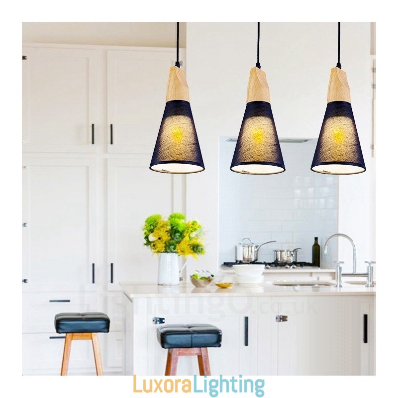 Designer Touch Decorative 3 Light Wood Modern Contemporary Pendant Light with Fabric Shade