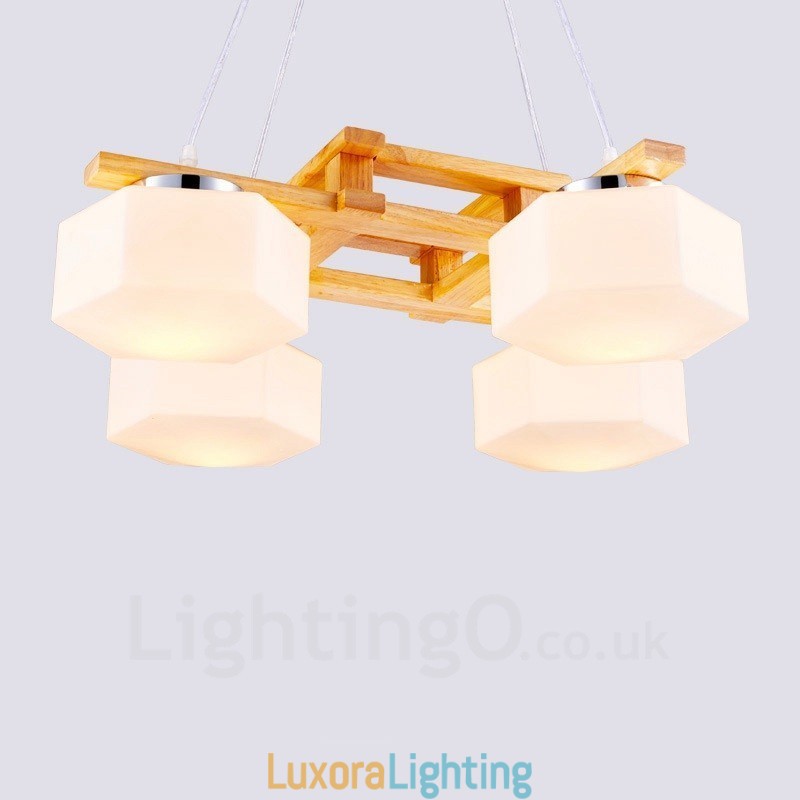 Designer Touch Decorative 4 Light Wood Modern Contemporary Nordic style Pendant Light with Glass Shade