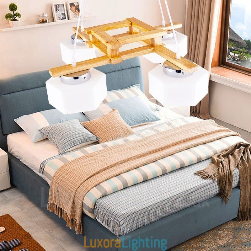 Designer Touch Decorative 4 Light Wood Modern Contemporary Nordic style Pendant Light with Glass Shade