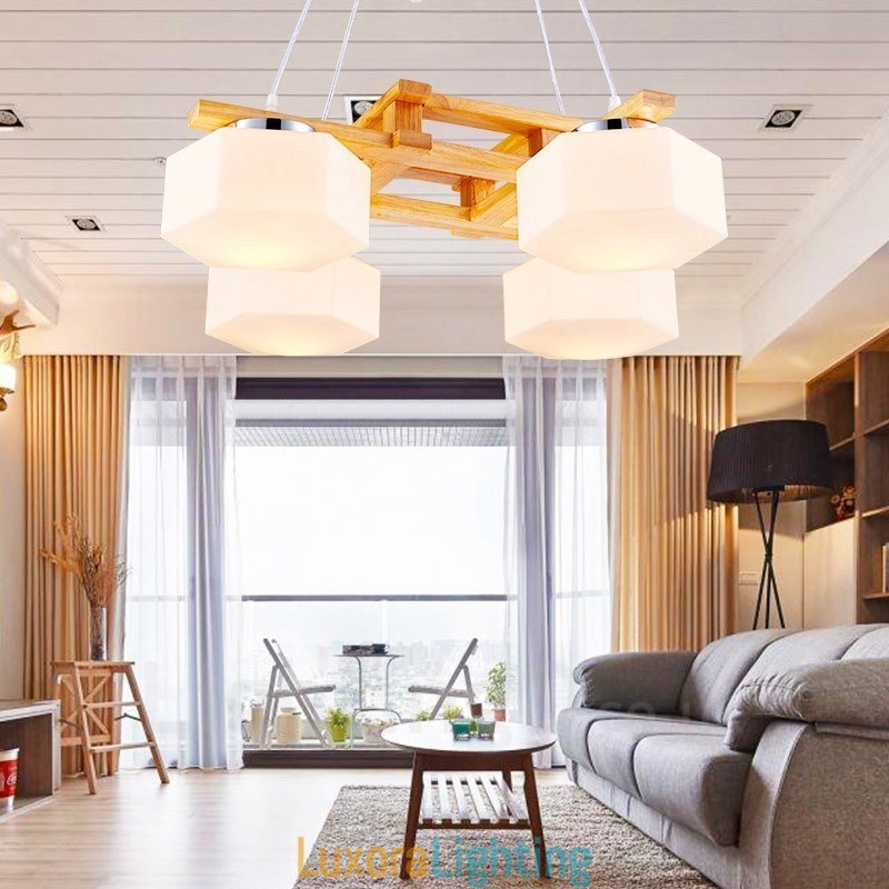 Designer Touch Decorative 4 Light Wood Modern Contemporary Nordic style Pendant Light with Glass Shade
