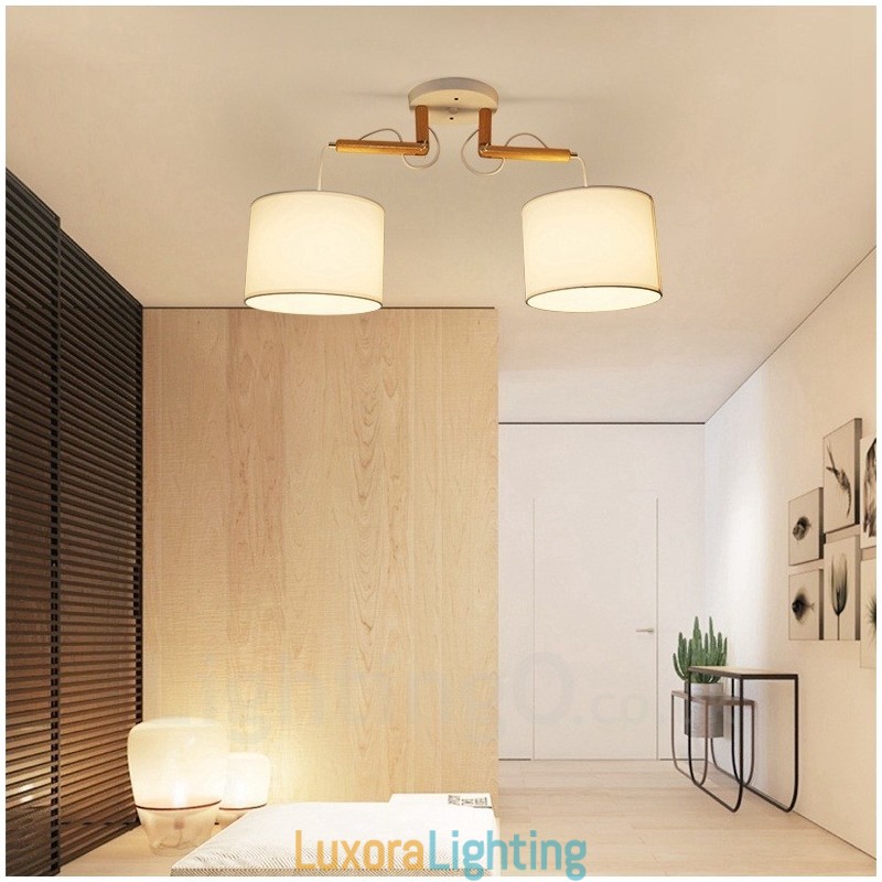 Designer Touch Decorative 2 Light Wood Modern Contemporary Pendant Light with Fabric Shade