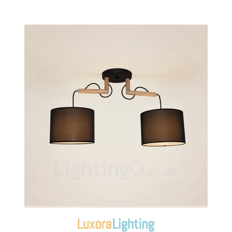 Designer Touch Decorative 2 Light Wood Modern Contemporary Pendant Light with Fabric Shade