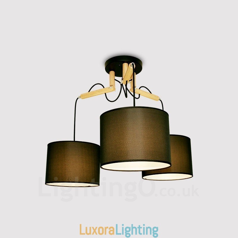 Designer Touch Decorative 3 Light Wood Modern Contemporary Pendant Light with Fabric Shade