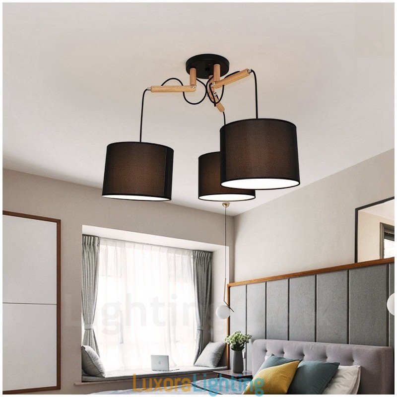 Designer Touch Decorative 3 Light Wood Modern Contemporary Pendant Light with Fabric Shade
