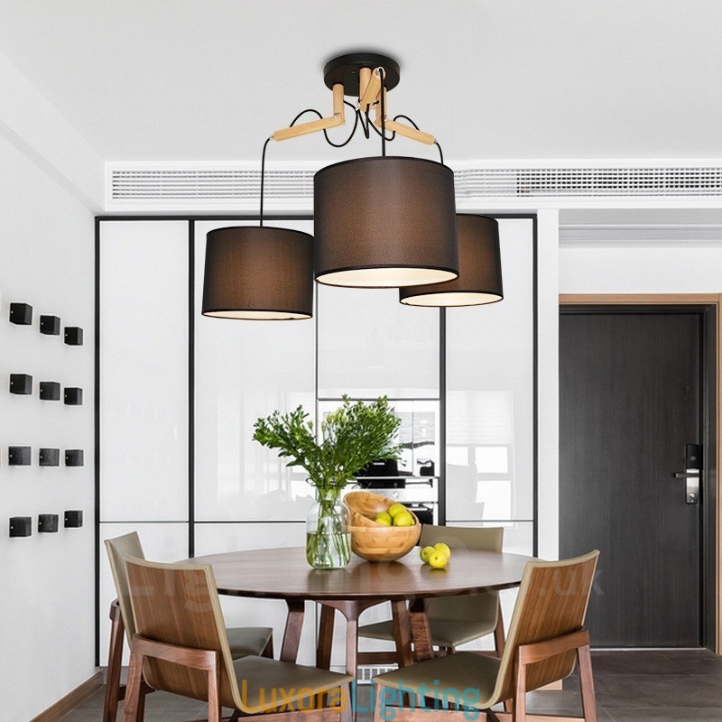 Designer Touch Decorative 3 Light Wood Modern Contemporary Pendant Light with Fabric Shade