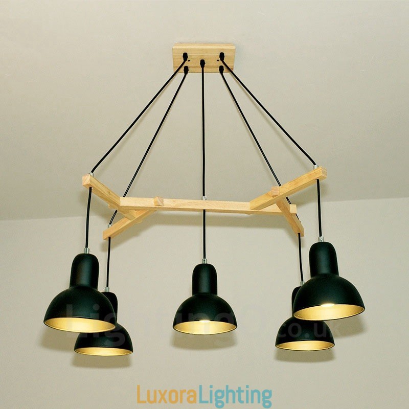 Designer Touch Decorative 5 Light Wood Modern Contemporary Pendant Light with Iron Shade