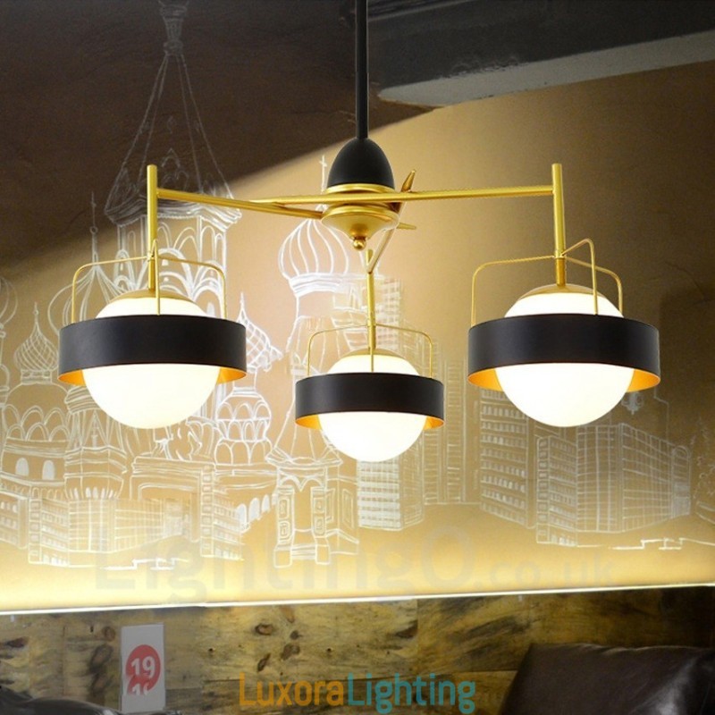 Designer Touch Decorative 3 Light Modern Contemporary Ceiling Lights Copper Plating Chandelier with White & Black Ball Glass Shade