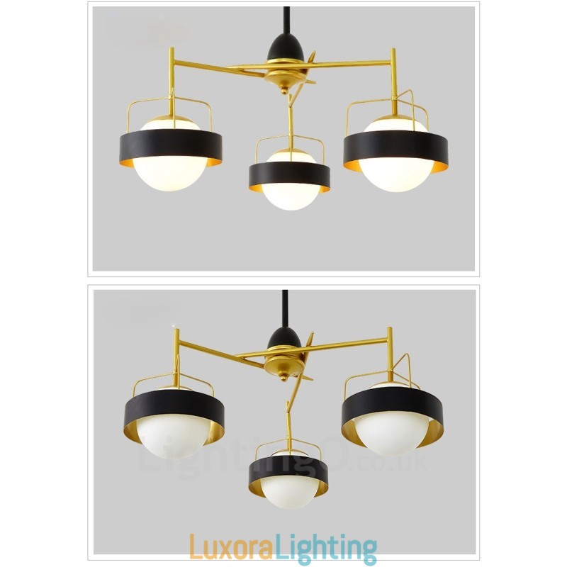 Designer Touch Decorative 3 Light Modern Contemporary Ceiling Lights Copper Plating Chandelier with White & Black Ball Glass Shade