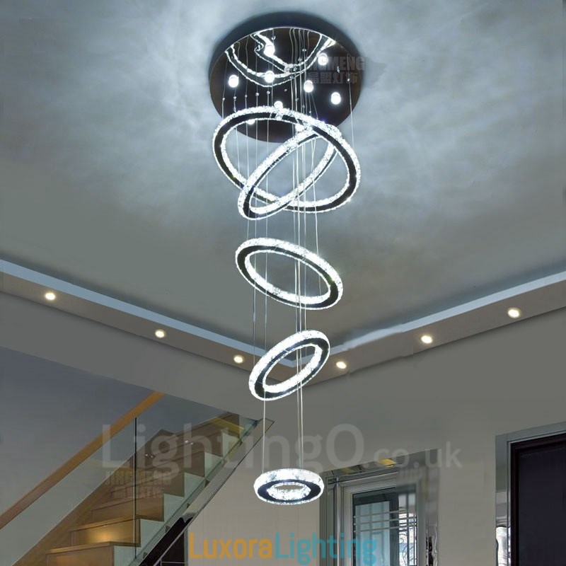 Designer Touch Decorative Dimmable Wi Fi Smart Three Light Source Colours 5 Rings Modern Crystal Ceiling Pendant Light Indoor Chandelier