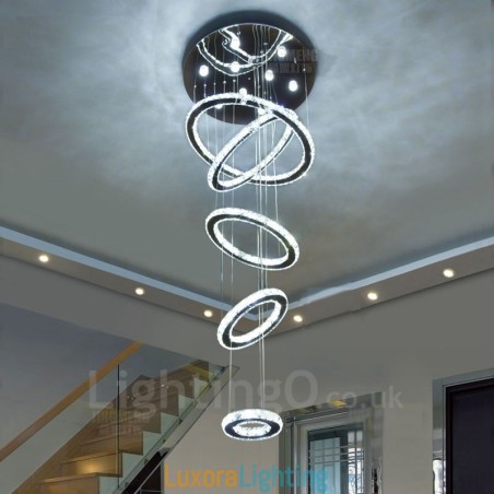 Designer Touch Decorative Dimmable Wi Fi Smart Three Light Source Colours 5 Rings Modern Crystal Ceiling Pendant Light Indoor Chandelier