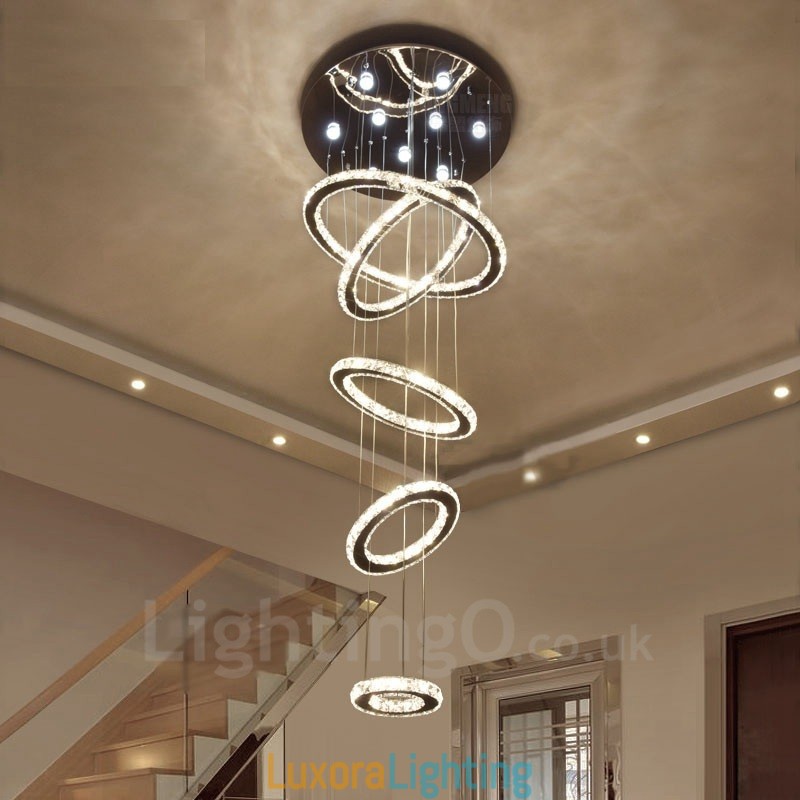 Designer Touch Decorative Dimmable Wi Fi Smart Three Light Source Colours 5 Rings Modern Crystal Ceiling Pendant Light Indoor Chandelier