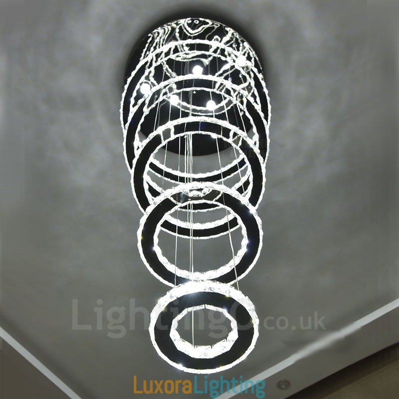 Designer Touch Decorative Dimmable Wi Fi Smart Three Light Source Colours 5 Rings Modern Crystal Ceiling Pendant Light Indoor Chandelier